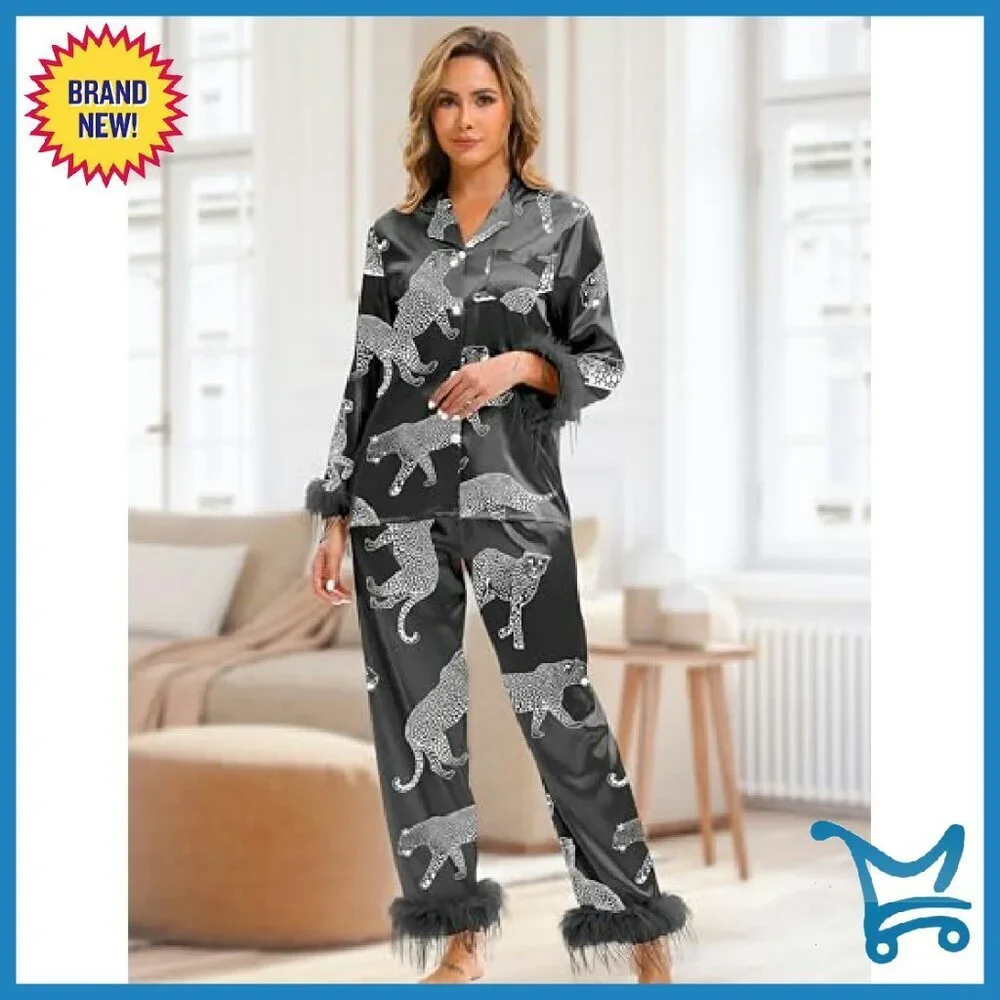 Silk Satin Pajama Set with Feather Trim Long Sleeve Pocket Sleepwear